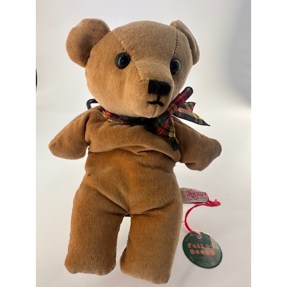 Toosipegs Full of Beans Teddy Bear Handmade in England Vintage Tan Plaid Bow 7"